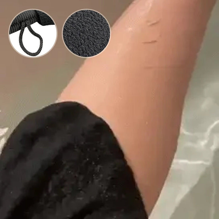 Unisex exfolierande handskar i viskos, bönbrun och lila färg, tar bort död hud för mjukare hud.