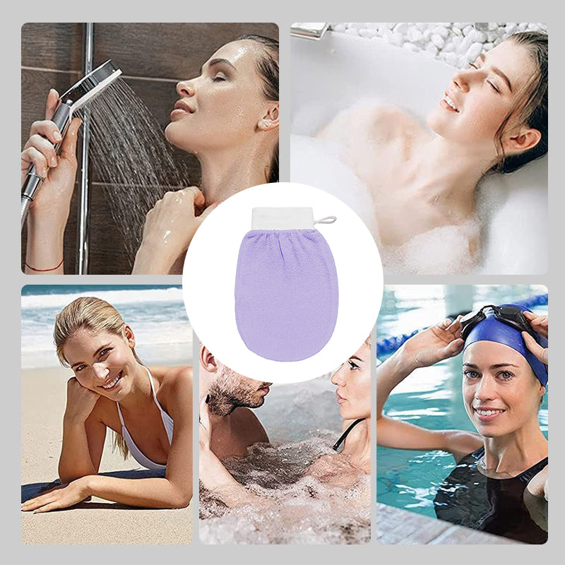 Unisex exfolierande handskar i viskos, bönbrun och lila färg, tar bort död hud för mjukare hud.