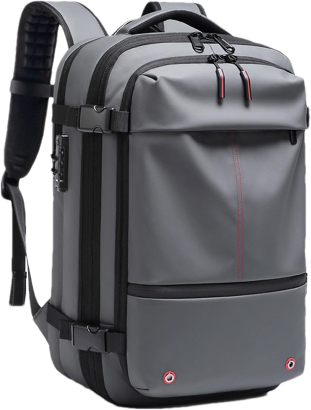 Funktionell grå ryggsäck 60L. Expanderbar, vattentät och med praktiskt laptopfack för utflykter.