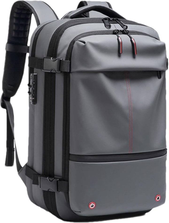 Funktionell grå ryggsäck 60L. Expanderbar, vattentät och med praktiskt laptopfack för utflykter.