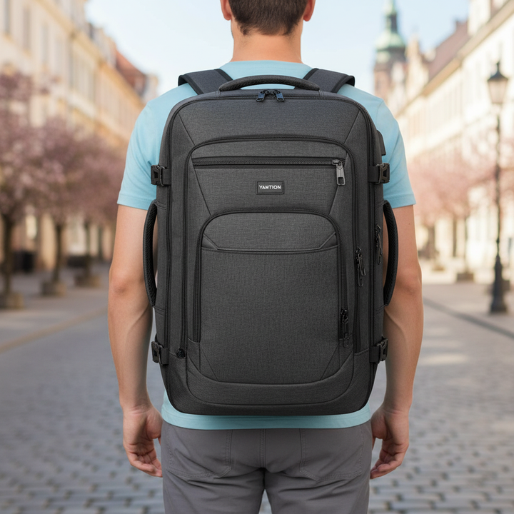 Unisex expanderbar reseryggsäck, perfekt handbagage. Smart förvaring för laptop och kläder på flygresan.