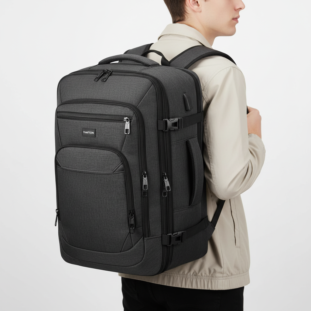 Svart unisex reseryggsäck med expanderbar funktion. Idealisk laptopväska & flygplatsvänligt handbagage.