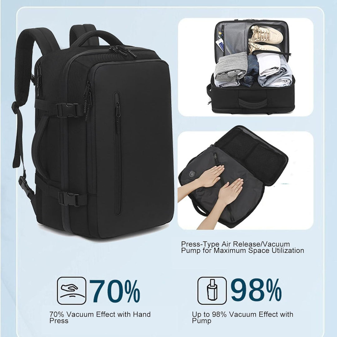 Unisex reseryggsäck, expanderbar 56–75L med vakuumpump för optimal plats & smidig reseutrustning.