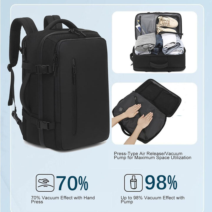 Unisex reseryggsäck, expanderbar 56–75L med vakuumpump för optimal plats & smidig reseutrustning.