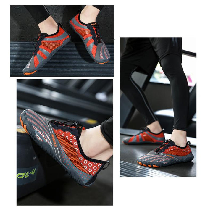 "Unisex halkfria aqua skodon för utomhusaktiviteter, blå och svarta, visar flexibel lycra och anti-slip sula."