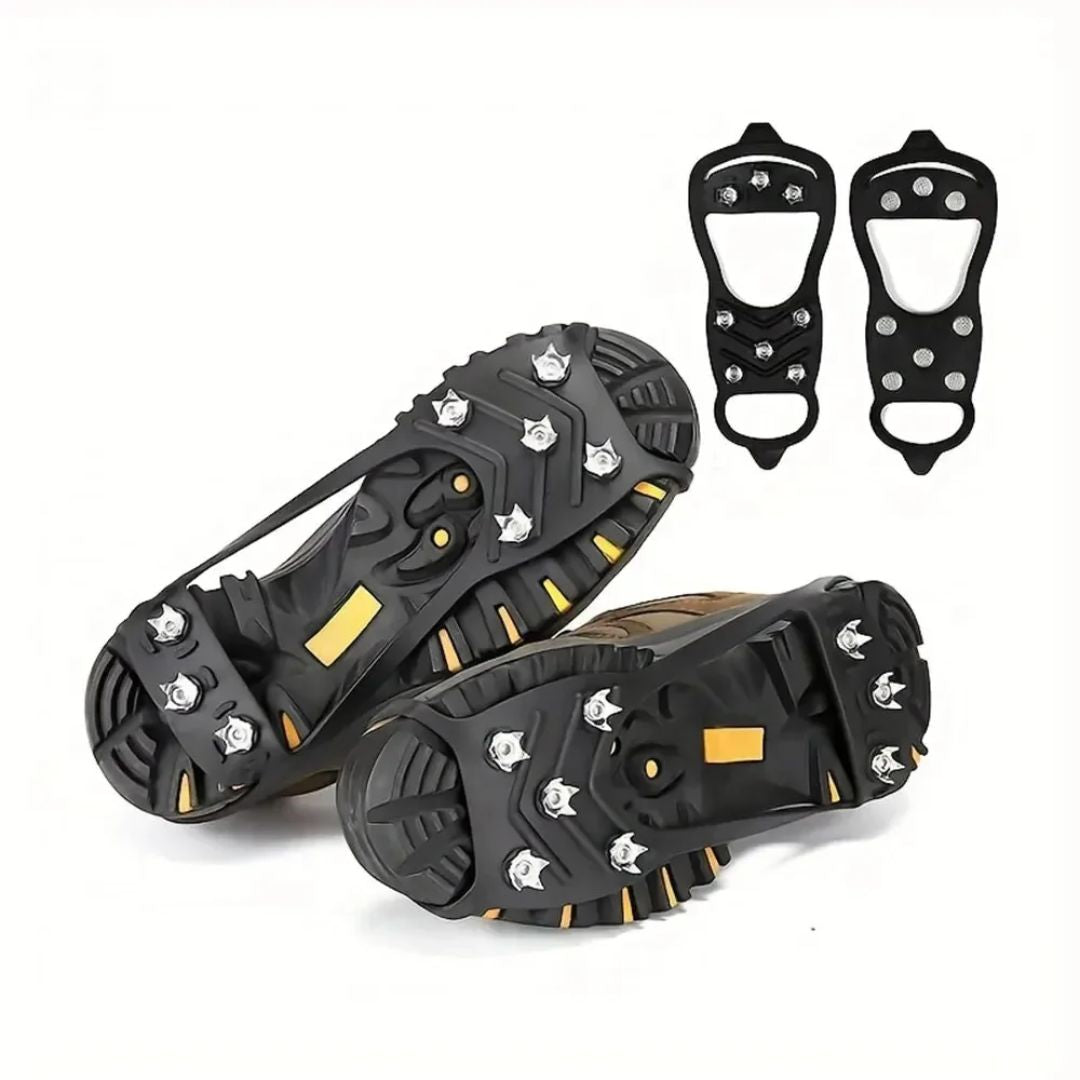 Unisex halkskydd med stålspikar för optimalt grepp på is och snö. Perfekt för säkra vinterpromenader.