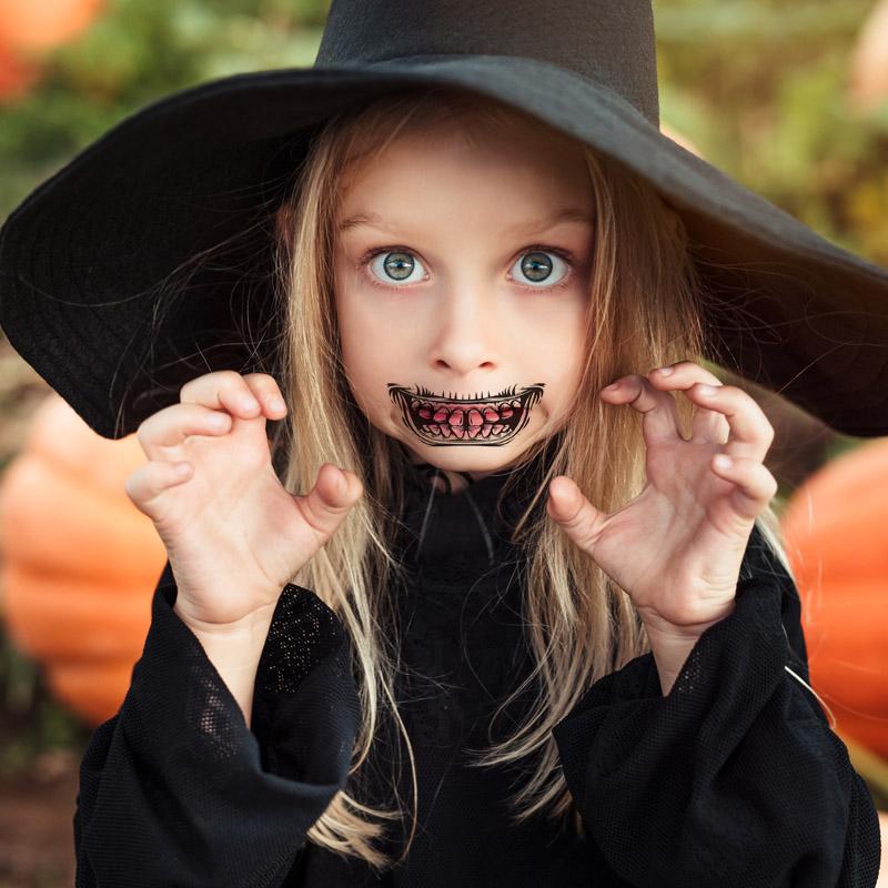 "Unisex Halloween temporär tatuering 10-pack – färgglada, realistiska tatueringsklistermärken för armar och ansikte"