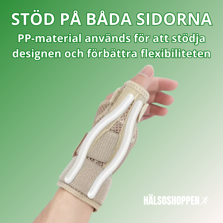 Justerbart andningsbart handledsstöd med tumband. Ger kompression och stöd för rehabilitering.
