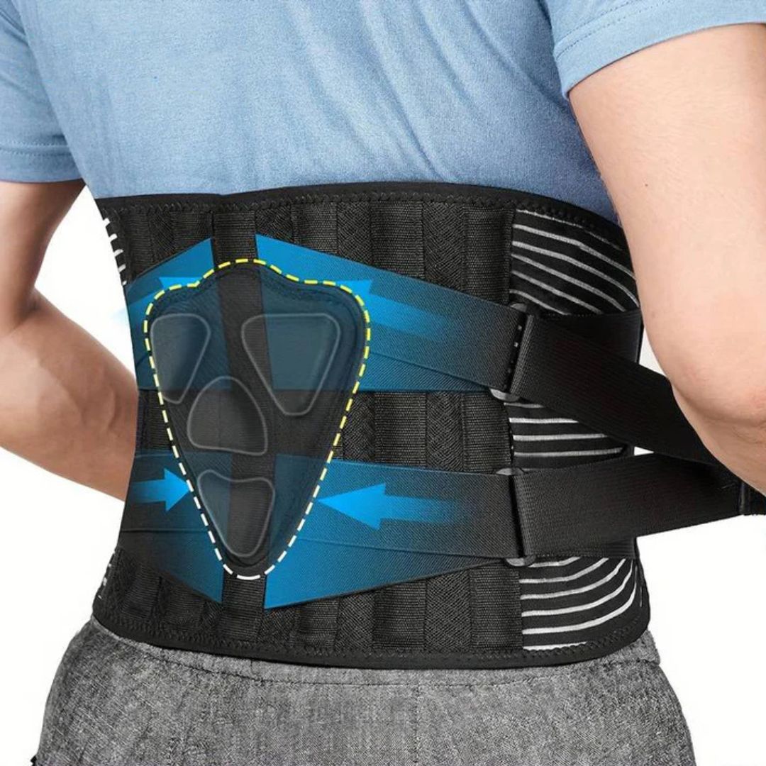 Unisex justerbart ryggstöd i neotex för förbättrad hållning och smärtlindring i ländryggen. Ergonomiskt bålstöd.