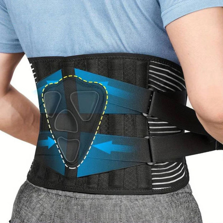 Unisex justerbart ryggstöd i neotex för förbättrad hållning och smärtlindring i ländryggen. Ergonomiskt bålstöd.