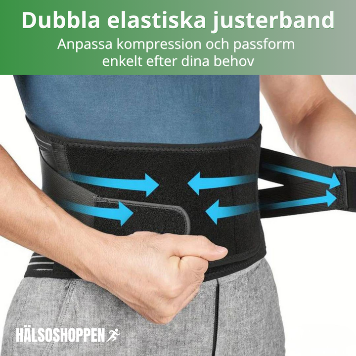 Svart justerbart ryggbälte i neotex, designat för att korrigera hållning och lindra smärta vid stillasittande och aktivitet.