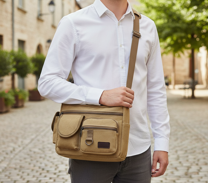 Unisex khakifärgad canvas axelväska. Praktisk vardagsväska med justerbar rem, perfekt för pendling.