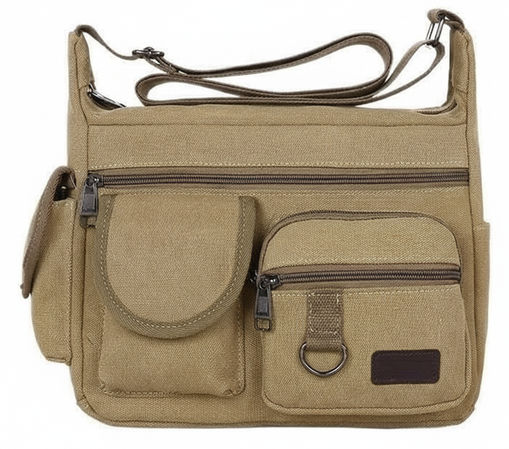 Stilfull crossbody axelväska i canvas med flera fack. Perfekt organiserad väska för arbete och skola.