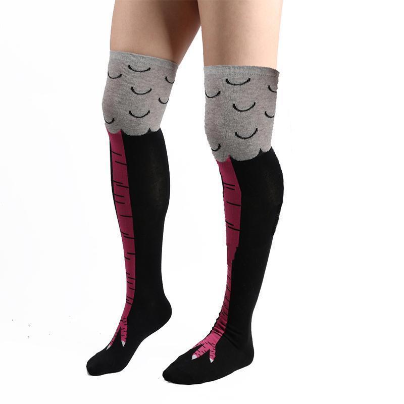 "Unisex kycklingbenstrumpor, bomull, humoristisk design, över/under knäet, svart/rosa/vit, accessoarer, EU storlek 37-43."