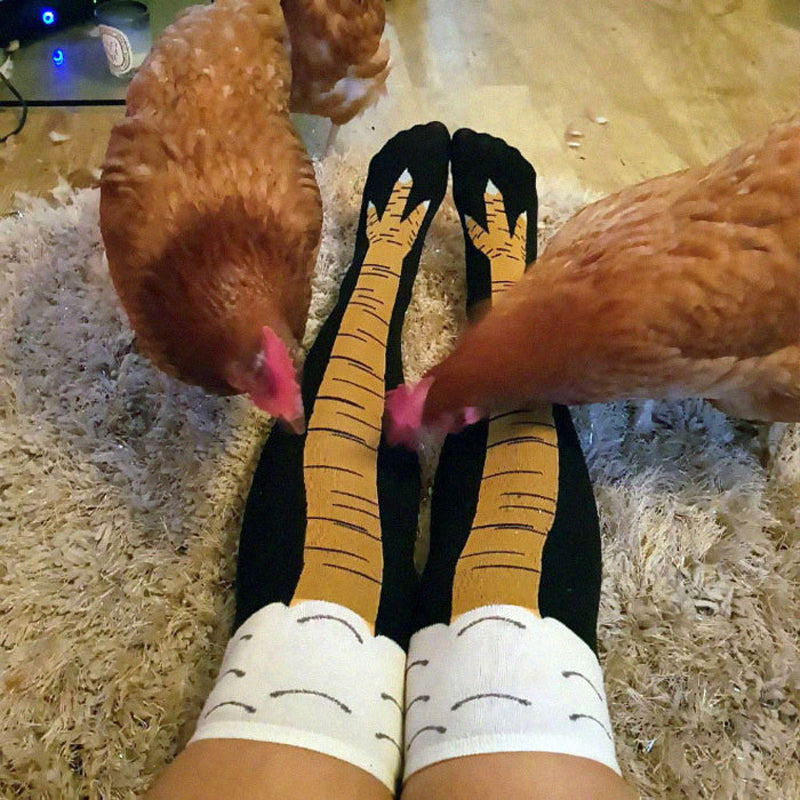 "Unisex kycklingbenstrumpor, bomull, humoristisk design, över/under knäet, svart/rosa/vit, accessoarer, EU storlek 37-43."