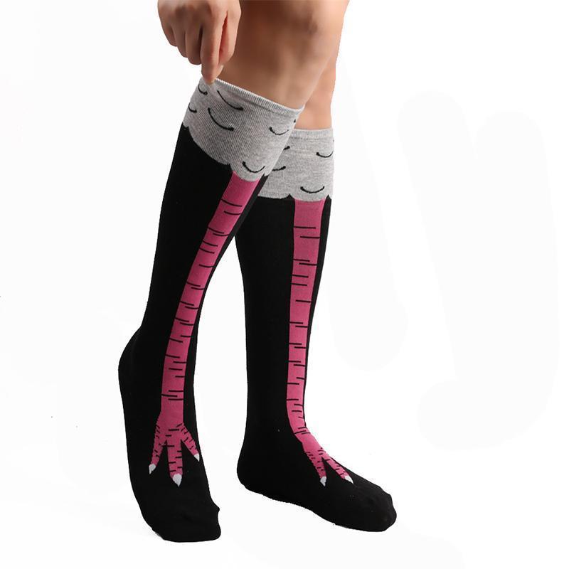 "Unisex kycklingbenstrumpor, bomull, humoristisk design, över/under knäet, svart/rosa/vit, accessoarer, EU storlek 37-43."