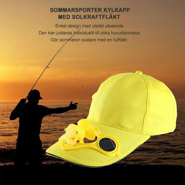 Unisex kylkeps med solcellsfläkt i blått. Lätt polyestermaterial, justerbar passform, perfekt för vandring och cykling.