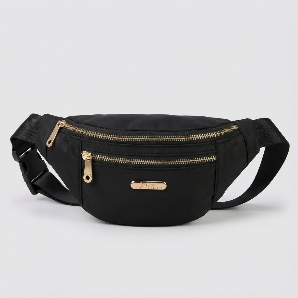 Svart lättvikts nylon midjeväska för unisex, med bekvämt justerbart band och smarta förvaringsfack.