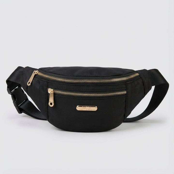 Svart lättvikts nylon midjeväska för unisex, med bekvämt justerbart band och smarta förvaringsfack.