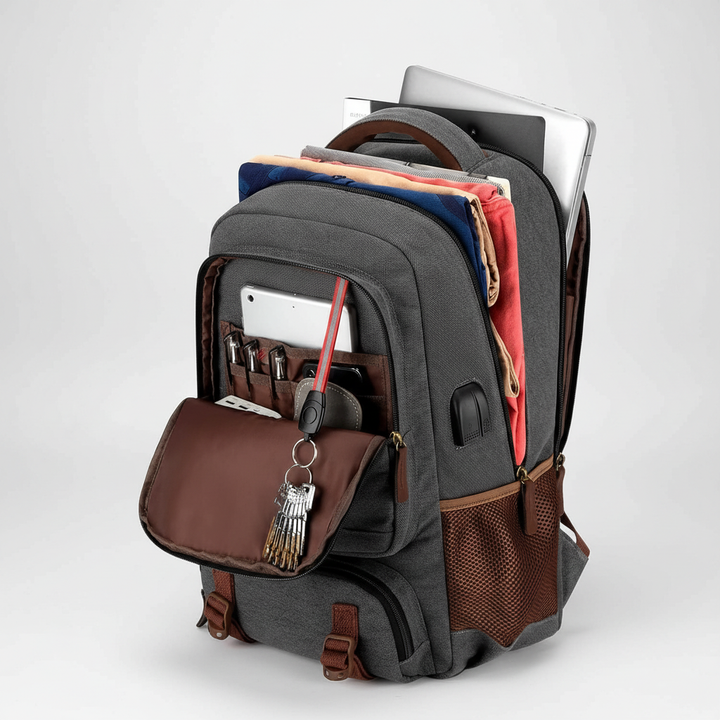 Modern pendlarryggsäck med stöldskydd och USB-laddning, perfekt för studenter och affärsresor, 17,3" laptop.
