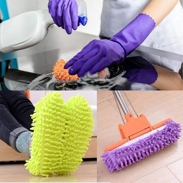 "Unisex mopptofflor i chenillefiber, färgglada och bekväma, för effektiv golvrengöring. Enkla att använda utan att böja sig."