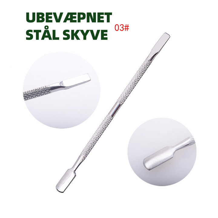 "Unisex nagelvårdset, rostfritt stål, ergonomisk design, precisionsresultat, fyra verktyg för optimal vård."