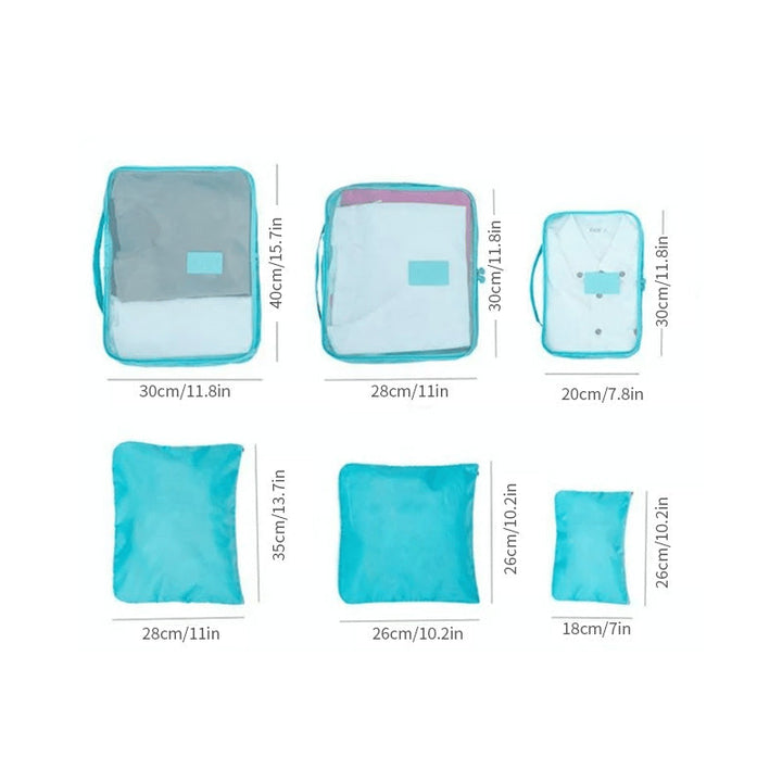 "Unisex packkuber 6-pack, olika storlekar med mesh- och handtagsdesign i färgglad polyester, travel accessories."