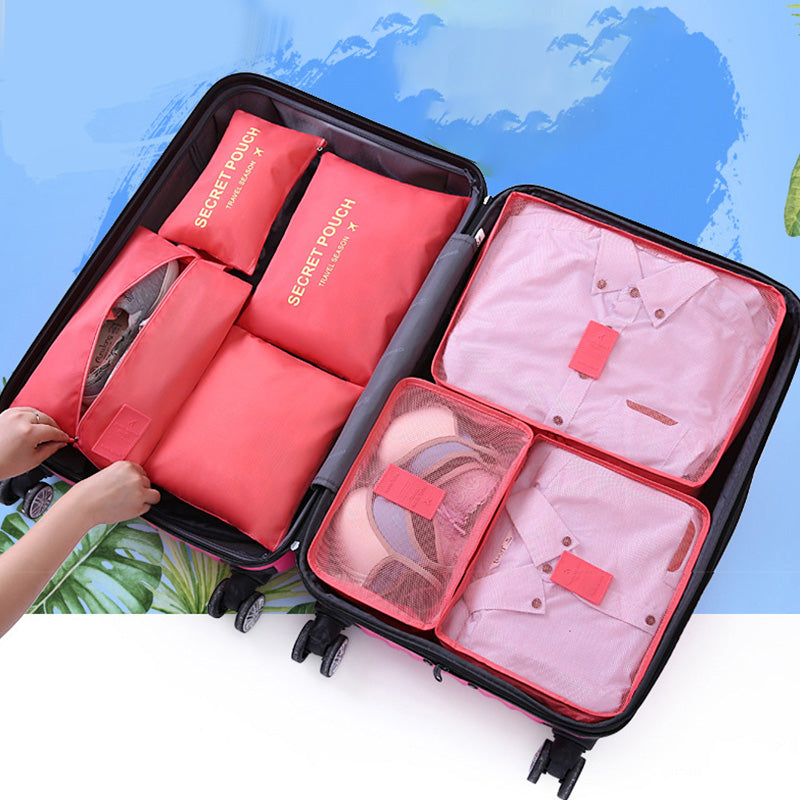 "Unisex packkuber 6-pack, olika storlekar med mesh- och handtagsdesign i färgglad polyester, travel accessories."
