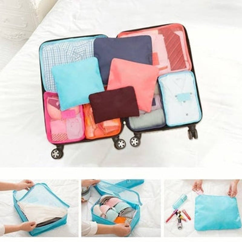 "Unisex packkuber 6-pack, olika storlekar med mesh- och handtagsdesign i färgglad polyester, travel accessories."