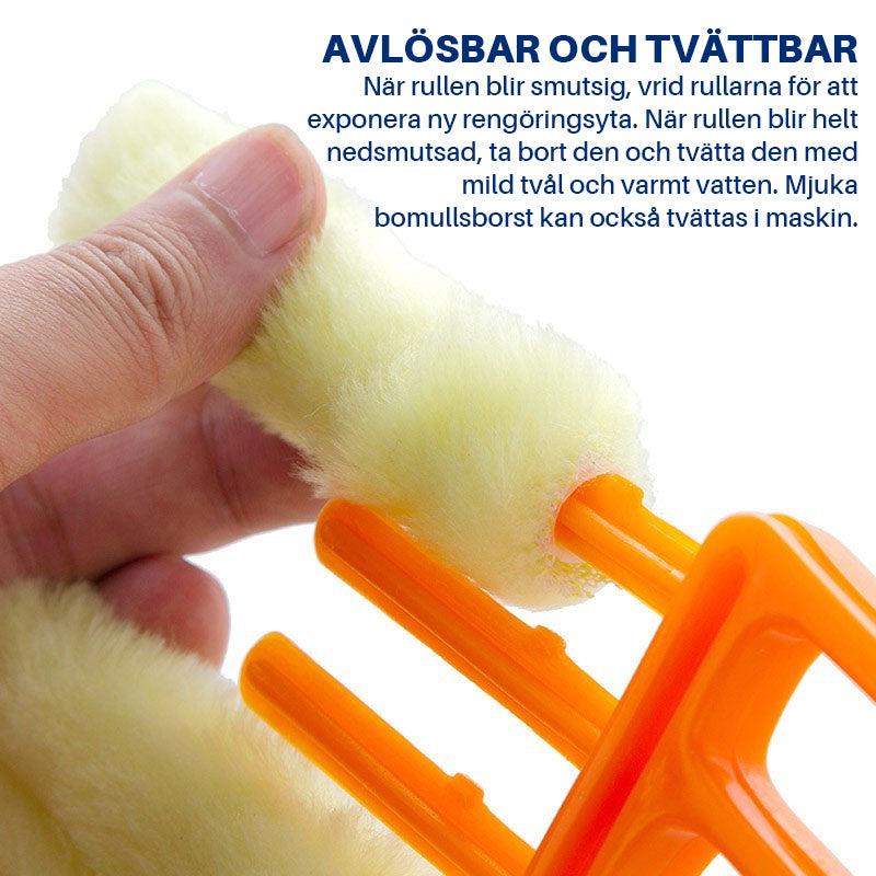 "Unisex persiennborste i mikrofiber och ABS med 7 lameller, blå handtag och vit borste för effektiv dammrengöring."