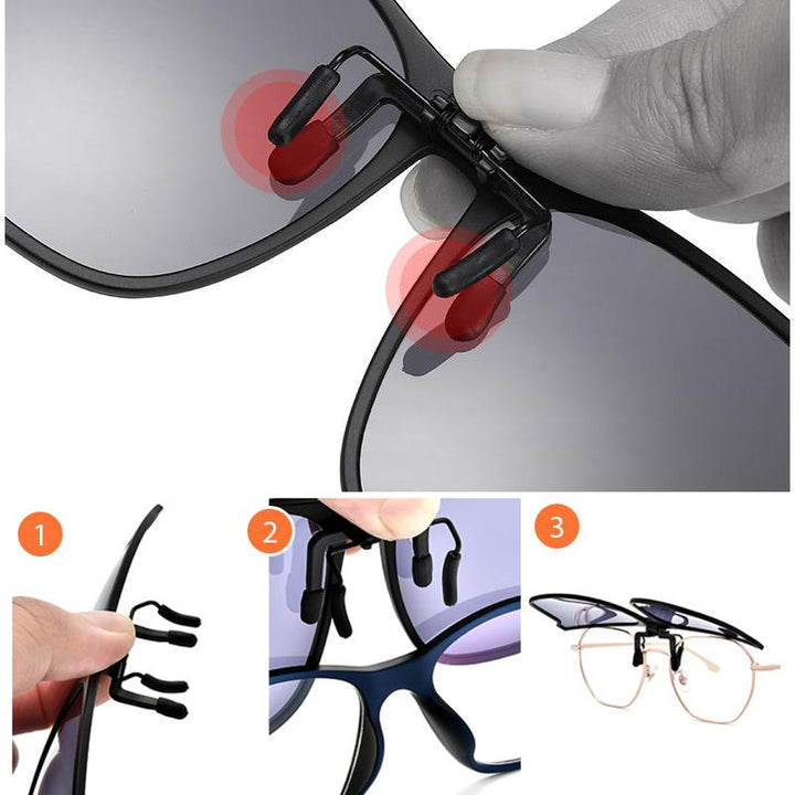 Unisex polariserade clip-on solglasögon med lätt flip-up funktion. Skyddande UV linser för klarhet och komfort.