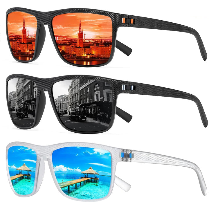 Unisex polariserade solglasögon i 3-pack med UV400-skydd. Perfekta för sommarens utomhusaktiviteter och bilkörning.