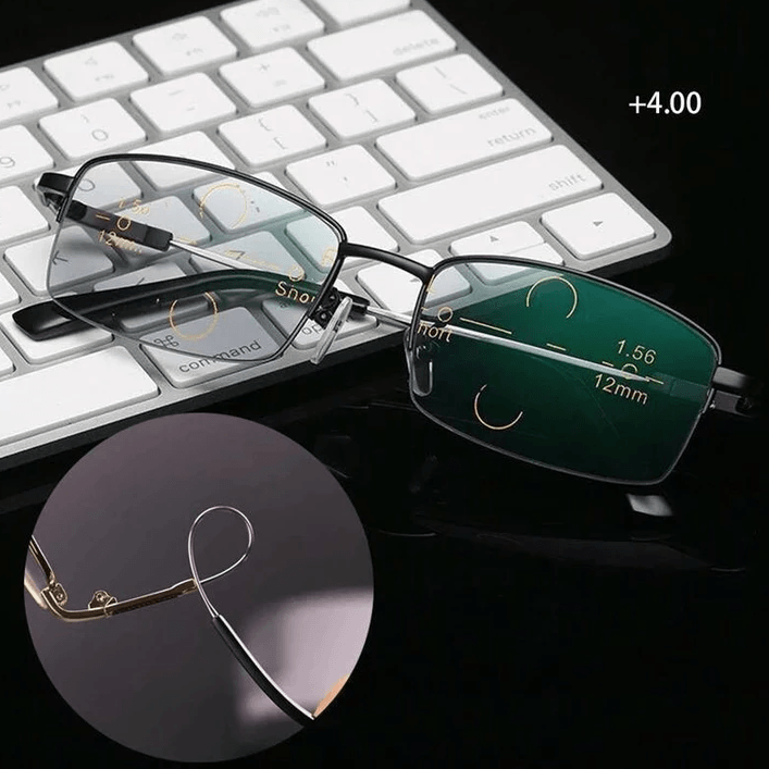 Unisex progressiva läsglasögon i titan, elegant design, anti-blått ljus, bekväma och lätta att bära.
