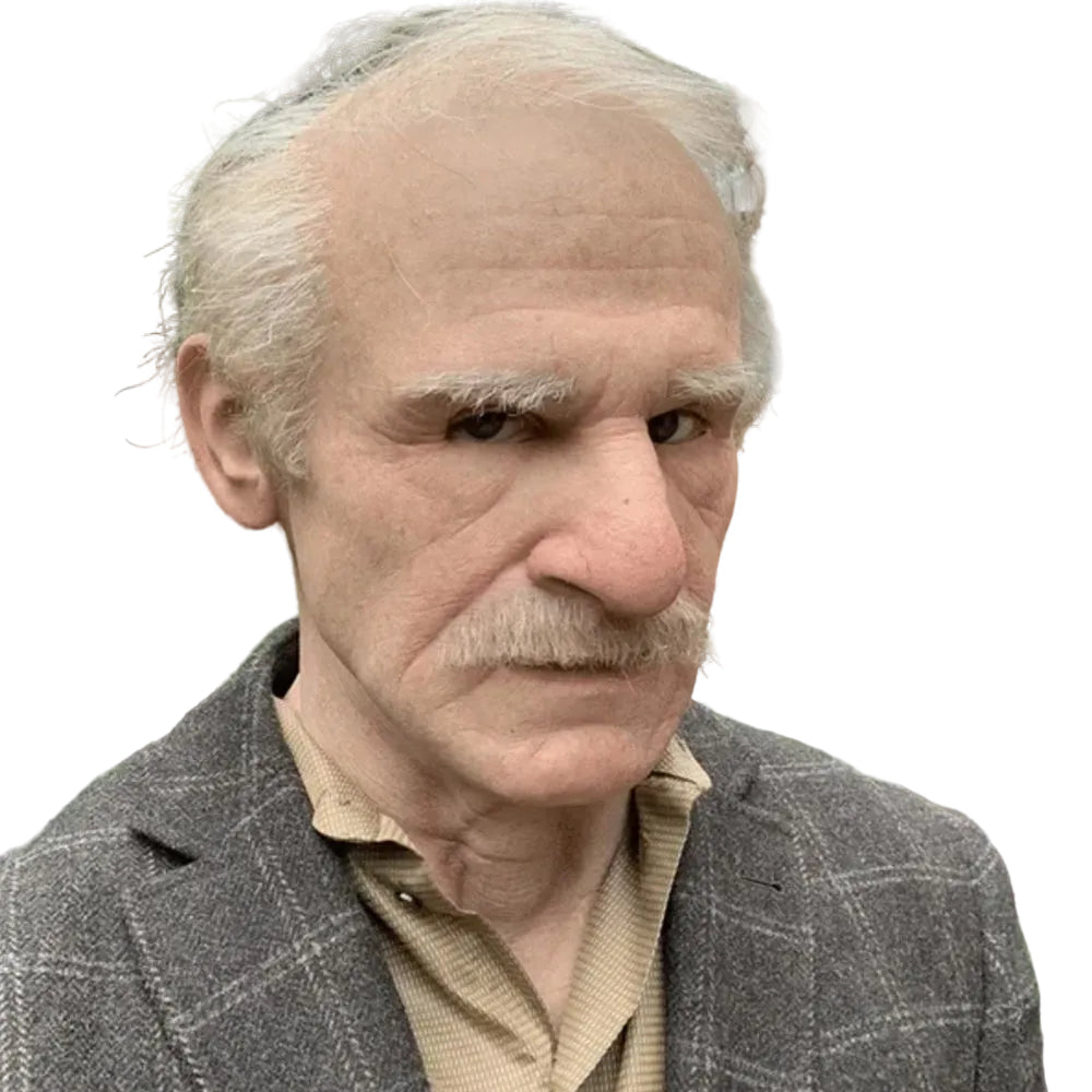 Naturtrogen mask i form av en äldre man med grått hår och mustasch