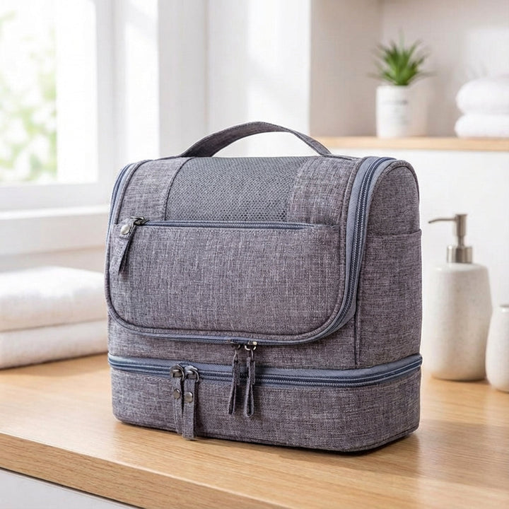 Unisex rese toalettväska VoyageLuxe med dubbla fack, upphängning. Perfekt necessär för organiserad hygien.