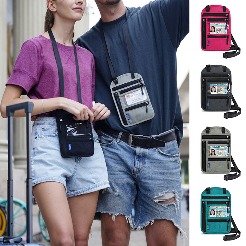 "Unisex resehalspåse i svart nylon med RFID-blockering, flera fack och vattentåliga egenskaper, perfekt för resor."