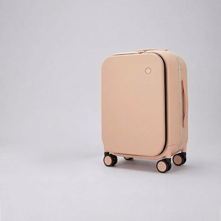 Hållbar resväska med tysta 360°-hjul, smart frontöppning och dedikerat laptopfack för smidiga resor.