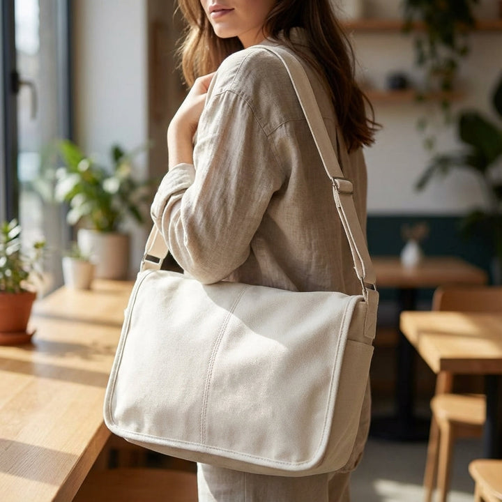 Unisex robust axelväska i canvas för vardagsbruk. Hållbar pendlar- och studentväska, organiserad för daglig användning.