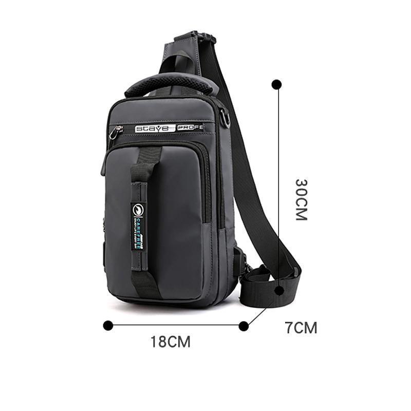Unisex ryggsäck i oxfordduk med USB-laddningsport och flera fickor, ergonomisk design, vattentät, stilren i svart.