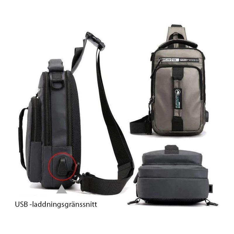 Unisex ryggsäck i oxfordduk med USB-laddningsport och flera fickor, ergonomisk design, vattentät, stilren i svart.
