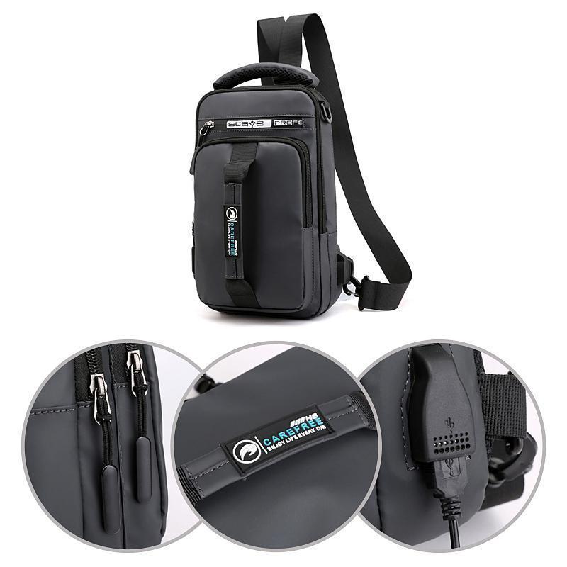 Unisex ryggsäck i oxfordduk med USB-laddningsport och flera fickor, ergonomisk design, vattentät, stilren i svart.