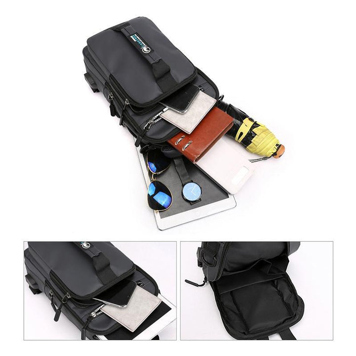 Unisex ryggsäck i oxfordduk med USB-laddningsport och flera fickor, ergonomisk design, vattentät, stilren i svart.