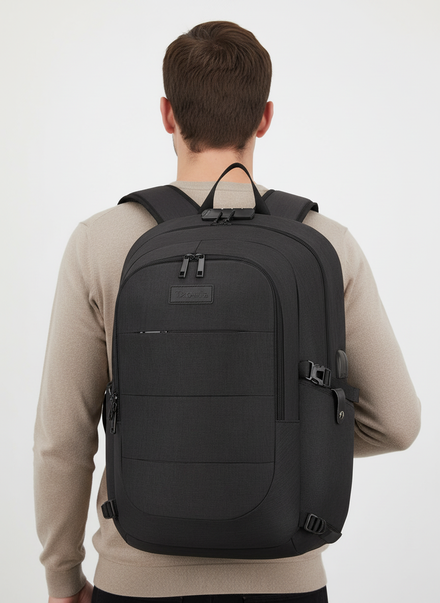 Modern unisex ryggsäck i svart med USB-port. Säker design för vardag, pendling och kortare resor.