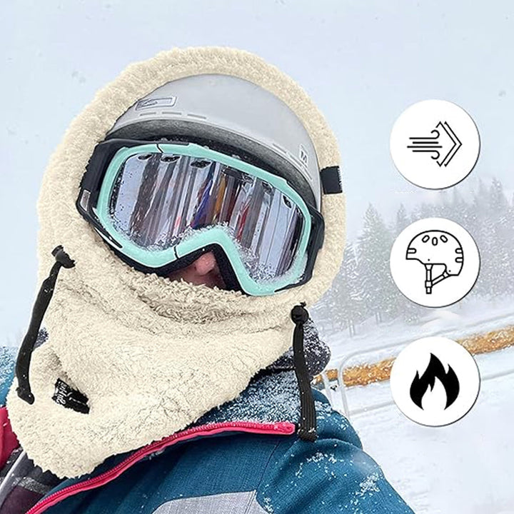 "Unisex Sherpa Balaclava i beige fleece, justerbar design, multifunktionell för både män och kvinnor, perfekt för kallt väder