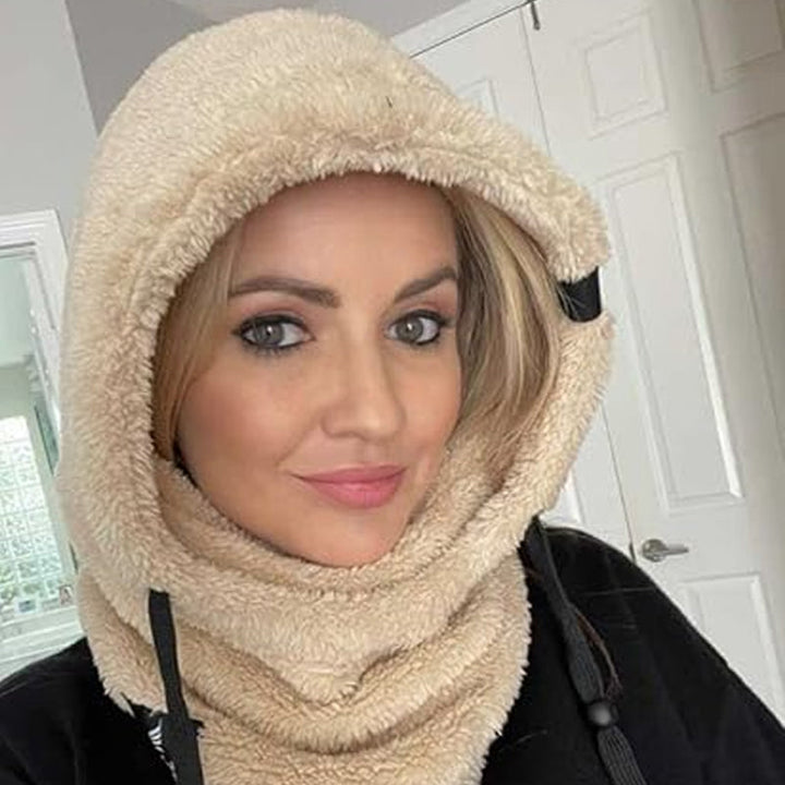 "Unisex Sherpa Balaclava i beige fleece, justerbar design, multifunktionell för både män och kvinnor, perfekt för kallt väder