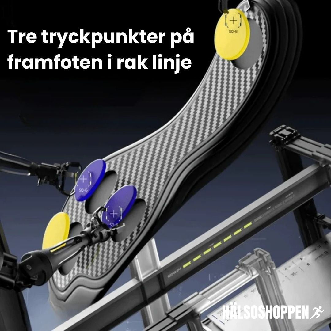 Kolfiberinlägg placerat i löparsko, ger förbättrad stötdämpning och stöd för fotboll/basket.