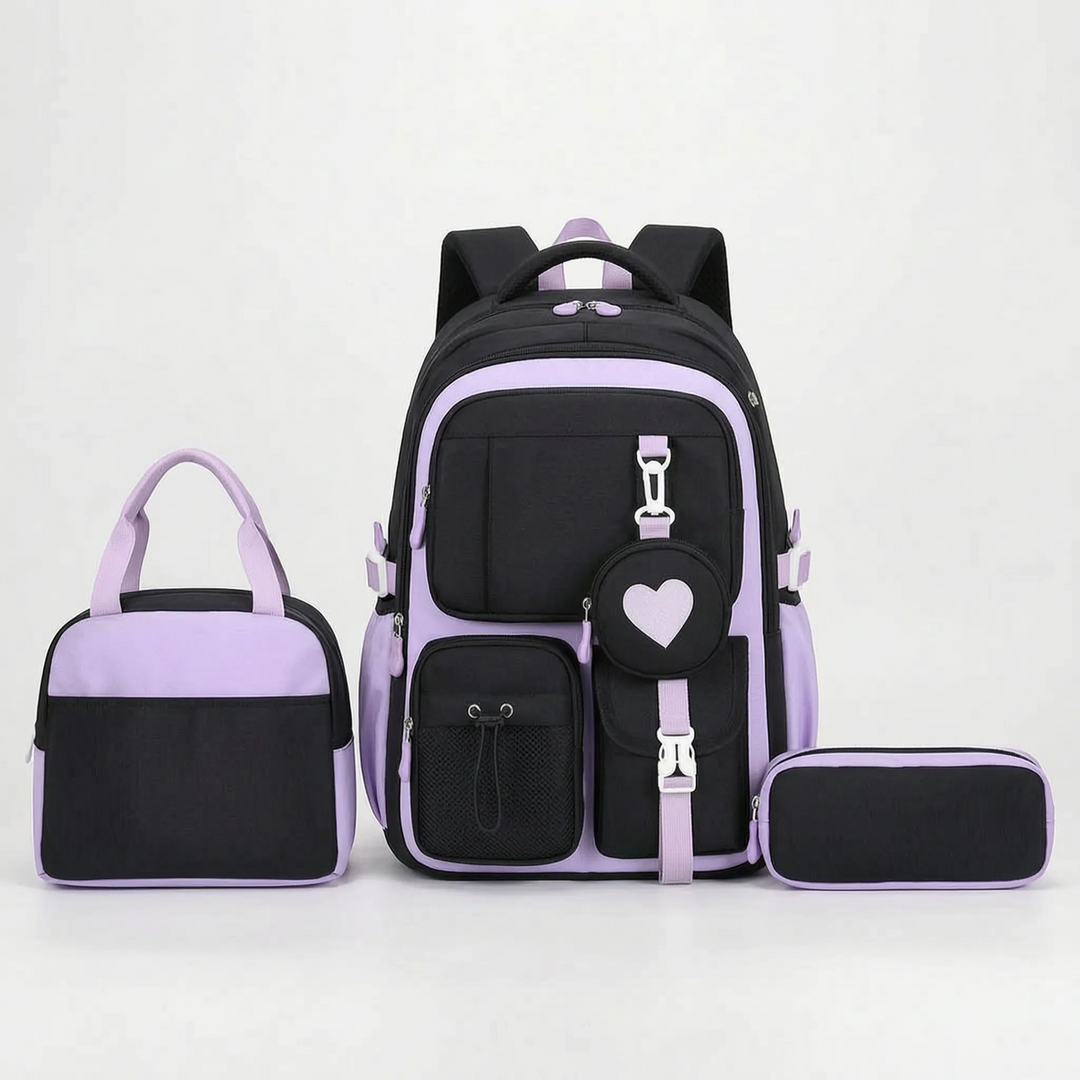 Organiserad skolväska med elegant geometriskt mönster, perfekt för studenter som värdesätter stil och funktion.