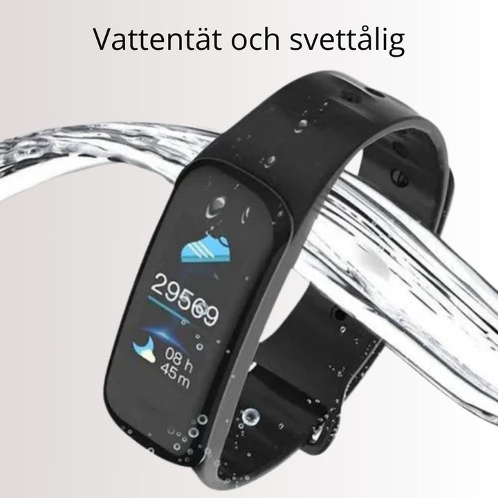 Vattentålig sportklocka för träning. Mäter puls, blodtryck, distans och aktivitet exakt.