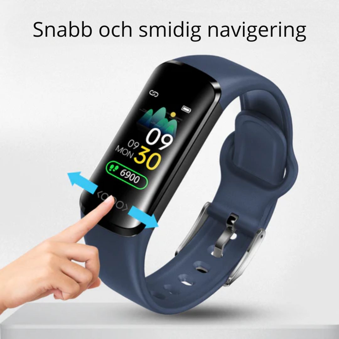 Modern smartklocka med avancerad pulssensor, blodtrycksmätning och Bluetooth-anslutning.