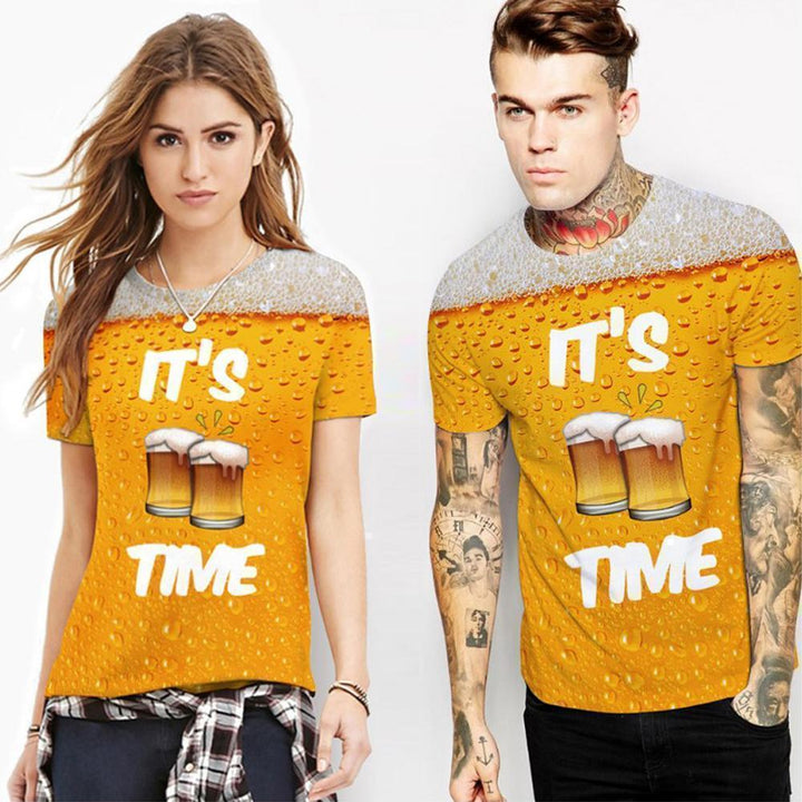 "Unisex sommar t-shirt med 3D-ölmotiv, rund hals, korta ärmar, ölbubbelmönster, bekväm polyester och spandex mix."